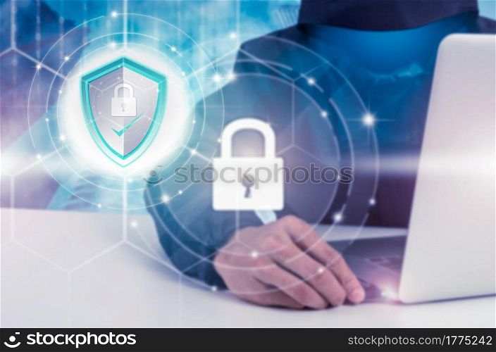 Security concept, Security protection from hackers with shield protect icon on screen, Concept cyber security safe your data, input on virtual digital display, blue tone.. Security concept.