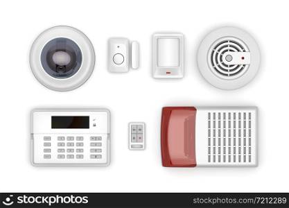 Security electronic devices on white background, top view