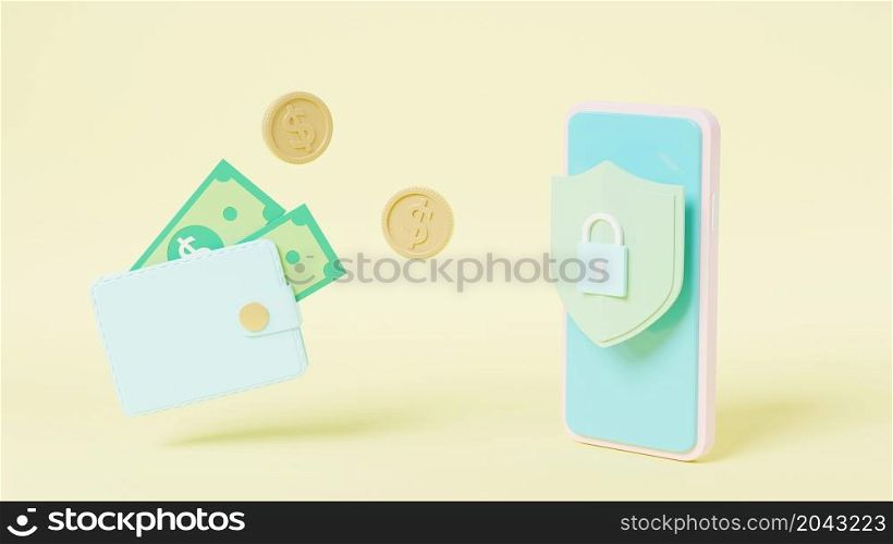 Security financial savings online payment protection on smartphone online transaction banking, Money transfer from wallet into mobile phone with Secure bank, Isometric 3D rendering illustration