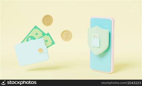 Security financial savings online payment protection on smartphone online transaction banking, Money transfer from wallet into mobile phone with Secure bank, Isometric 3D rendering illustration