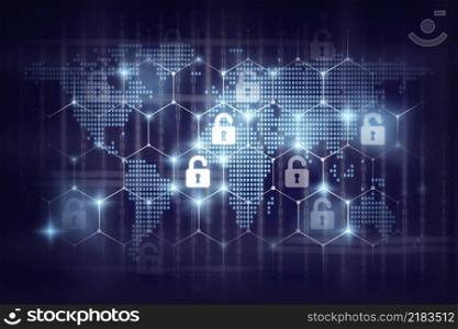 Security key lock icon digital display over the world map and Hexagon shape on matrix digital number technology and dark blue background, business technology securities concept
