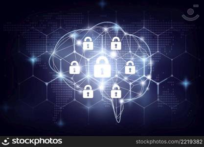 Security key lock icon digital display over the world map and Hexagon shape on the Artificial intelligence of brain technolog with dark blue background, business technology securities and AI concept