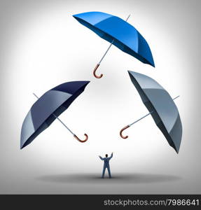 Security manager business concept as a businessman juggling three umbrellas as a success metaphor for managing risk and protecting financial investment through skill planning a long term strategy.