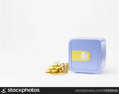 Security metal safe bank save vault deposit box with coins money and gold bar, money locker safe front view isolated on white background, wallet security finance icon concept, 3D rendering illustration