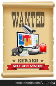 Security wanted concept - cctv camera and DVR as modern protection system - arrest warrant poster with security devices