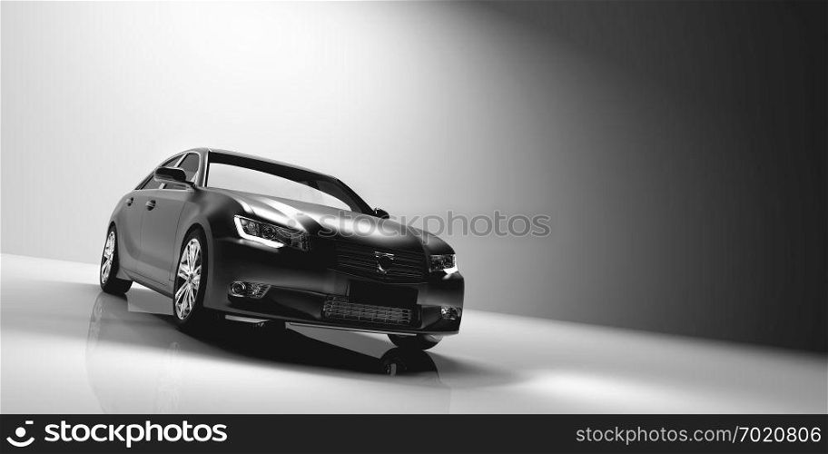 Sedan car on light studio background. Brandless automoblie design, transportation, luxury. 3D illustration.. Sedan car on light studio background.