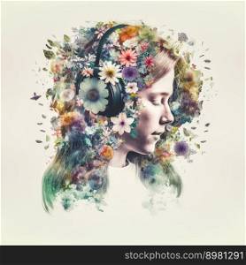 Sedate double exposure portrait of beautiful woman in headphone listen to music immerse with spring blossom colorful flower as concept of music-loving lifestyle in serenity with nature. Generative AI. Sedate double exposure woman portrait in headphone with blossom flowers.