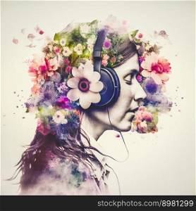 Sedate double exposure portrait of beautiful woman in headphone listen to music immerse with spring blossom colorful flower as concept of music-loving lifestyle in serenity with nature. Generative AI. Sedate double exposure woman portrait in headphone with blossom flowers.
