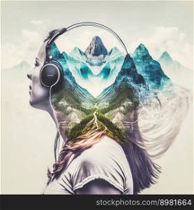 Sedate woman in headphone listening to music audio or ambient sound of double exposure snow mountain in the winter as concept of natural tranquility for healthy mind and mental by Generative AI. Sedate woman wearing headphone with double exposure winter mountain.