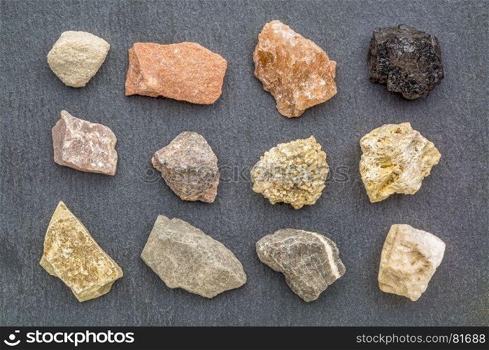 sedimentary rock geology collection, from top left: siltstone, sandstone rock salt, coal, limestone, arkose, conglomerate, fossiliferous limestone, mudstone, shale, travertine, rock gypsum