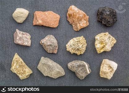 sedimentary rock geology collection, from top left: siltstone, sandstone rock salt, coal, limestone, arkose, conglomerate, fossiliferous limestone, mudstone, shale, travertine, rock gypsum