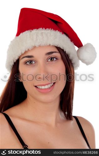 Seductive girl in bra with Christmas cap isolated on a white background