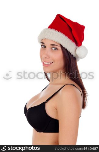 Seductive girl in bra with Christmas cap isolated on a white background