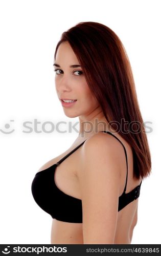 Seductive girl with black bra isolated on white background