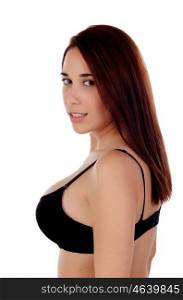 Seductive girl with black bra isolated on white background