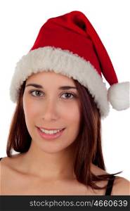 Seductive girl with brown eyes and Christmas cap isolated on a white background