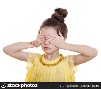 See No Evil, Hear No Evil, do not say anything, Portrait of beautiful little girl, studio on white background