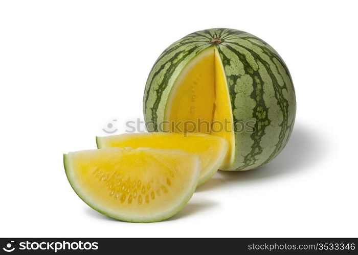 Seedless yellow watermelon on white background