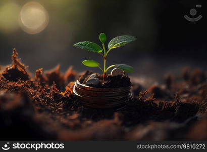 seedling growing on a pile of coin. Illustration AI Generative 