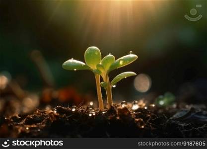 Seedling in dark soil with a drop of water in the sunlight created with generative AI technology