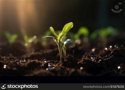 Seedling in dark soil with a drop of water in the sunlight created with≥≠rative AI technology