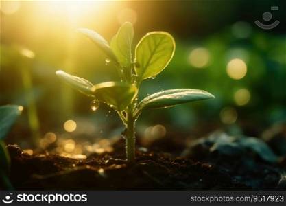 Seedling in dark soil with a drop of water in the sunlight created with generative AI technology
