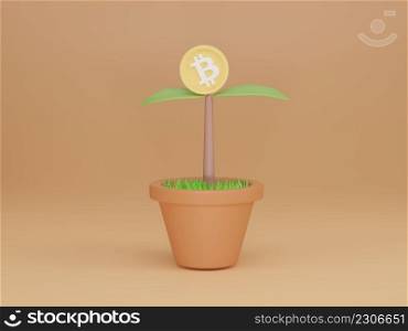Seedling plant with bitcoin flower in pot on light orange background. Cryptocurrency trend. 3d render illustration.