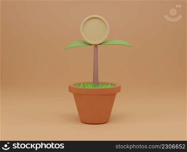 Seedling plant with coin flower in pot on light orange background. Long-term money growth concept. 3d render illustration.
