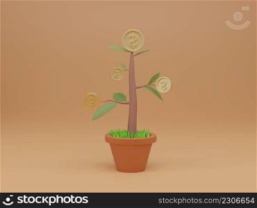 Seedling plant with coin flower in pot on light orange background. Long-term money growth concept. 3d render illustration.