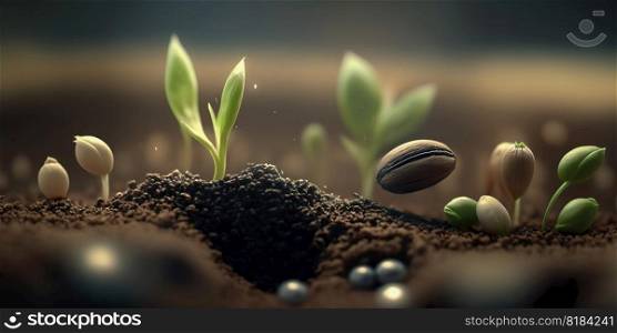 Seedlings growing from the ground , Germinating seeds of various , Growing plants and agriculture concept , Generate Ai