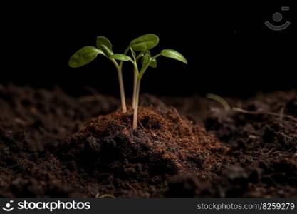 Seedlings growing in soil. Concept ecology and bio. Generative AI.