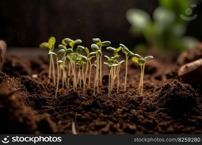 Seedlings growing in soil. Concept ecology and bio. Generative AI.