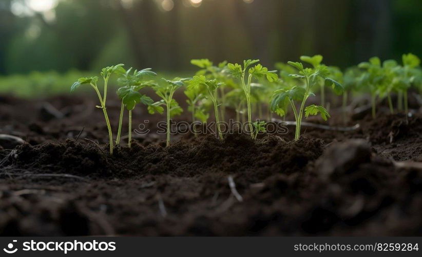 Seedlings growing in soil. Concept ecology and bio. Generative AI.