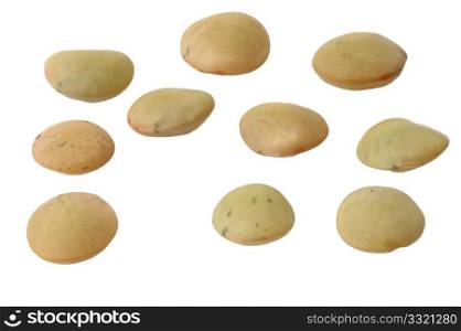 Seeds of lentils close up on a white background.