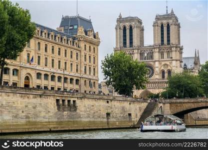 Seine and Notre Dame de Paris cathedral in Paris, France in a summer day