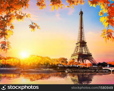 Seine in Paris with Eiffel Tower in sunrise time