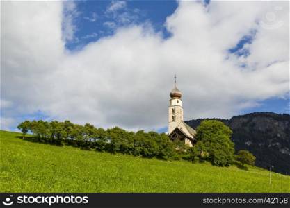 Seiser Alm Schlern, IT- September 19. View of a Saint Valentine church in a sunny day