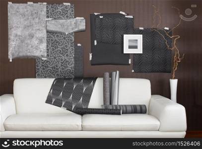 Selecting matching wallpaper for living room from various designs. Selecting matching wallpaper