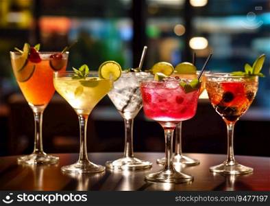 Selection of alcoholic cocktails on bar counter in night club.AI Generative