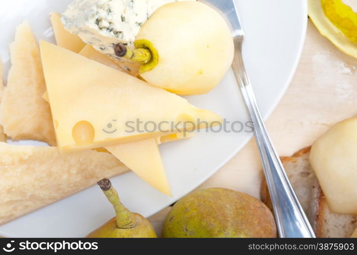 selection of cheese and fresh pears appetizer snack