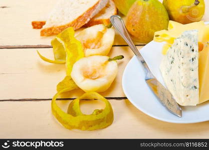 selection of cheese and fresh pears appetizer snack