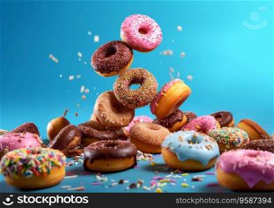 Selection of falling donuts with glaze and sprinkles and blue background.AI Generative