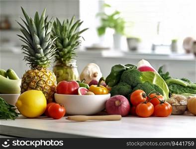 Selection of healthy fresh fruits and vegetables on light kitchen table.AI Generative.