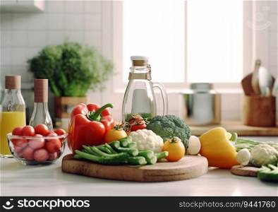 Selection of healthy organic fresh vegetables on light table with water and oil.AI Generative.