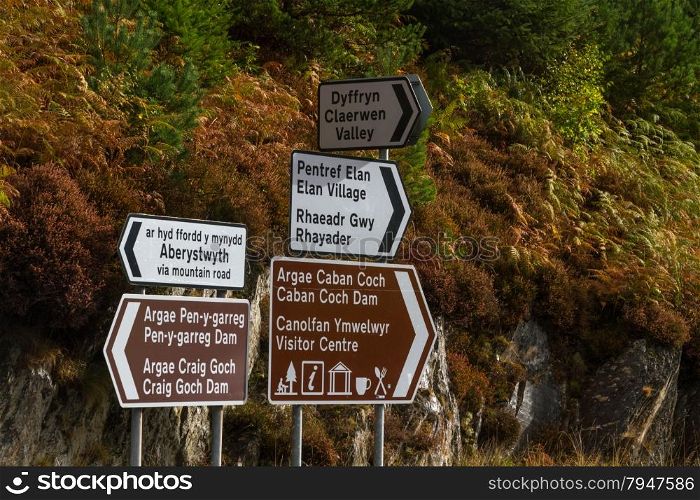 Selection of road signs for the Elan Valley Reservoirs, Powys, Wales, United Kingdom, Europe