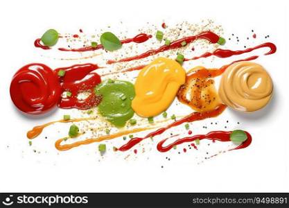 Selection of sauces with different colors on a white, Generative AI