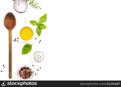 Selection of spices herbs and organic vegetables. Ingredients for cooking. Food background on white. Top view copy space.. Fresh ingredients for cooking. Fresh ingredients for cooking