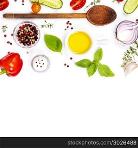Selection of spices herbs and organic vegetables. Ingredients for cooking. Food background on white. Top view copy space.. Fresh ingredients for cooking. Fresh ingredients for cooking
