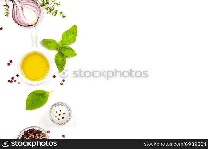 Selection of spices herbs and organic vegetables. Ingredients for cooking. Food background on white. Top view copy space.
