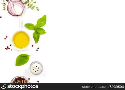 Selection of spices herbs and organic vegetables. Ingredients for cooking. Food background on white. Top view copy space.